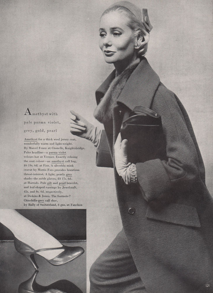 Amethyst with pale parma violet, grey, gold, pearl. Fashion. BRITISH VOGUE 1955